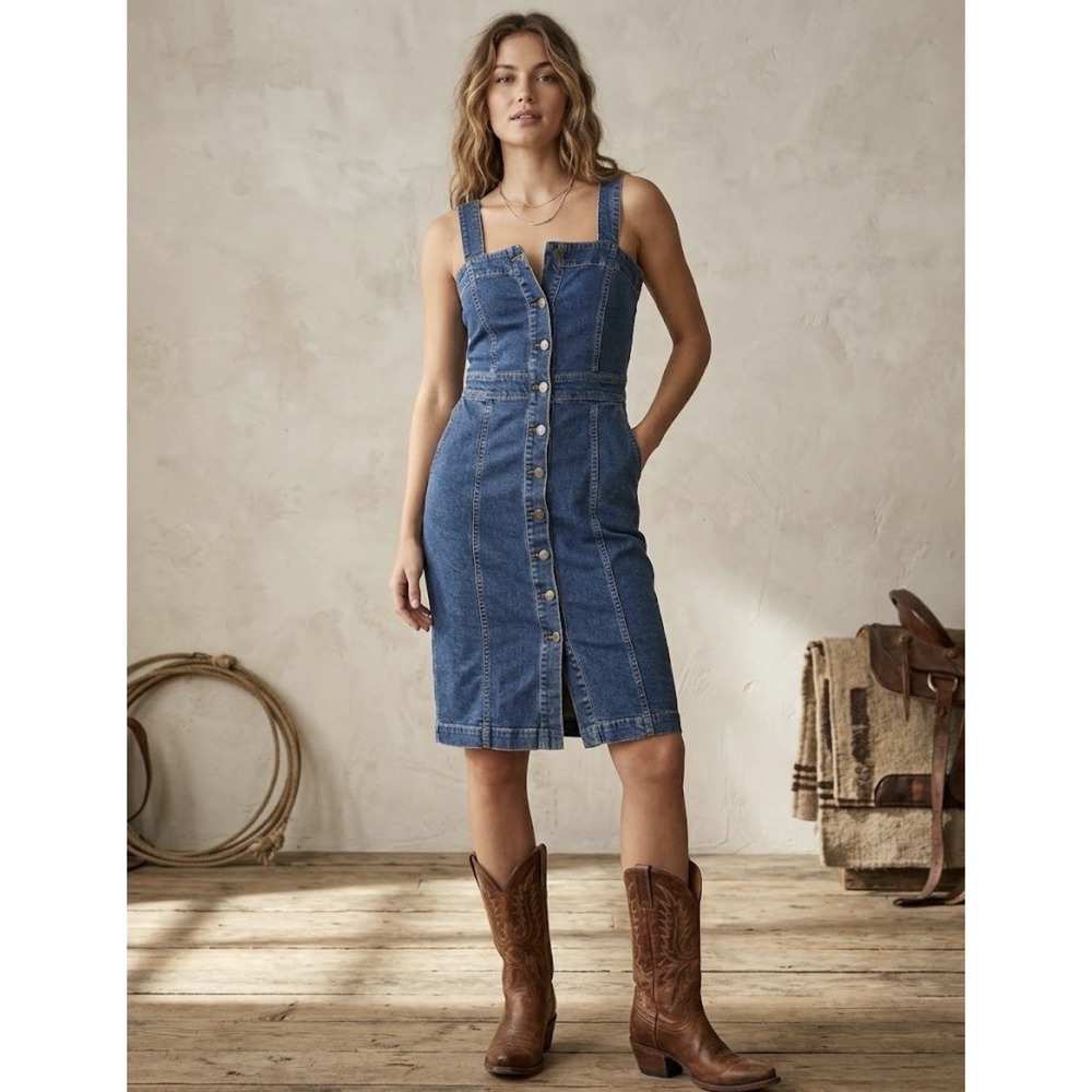 Maje Rella Button-Up Denim Sleeveless Rodeo Western Cowbow Midi Dress Sz 1 US S
